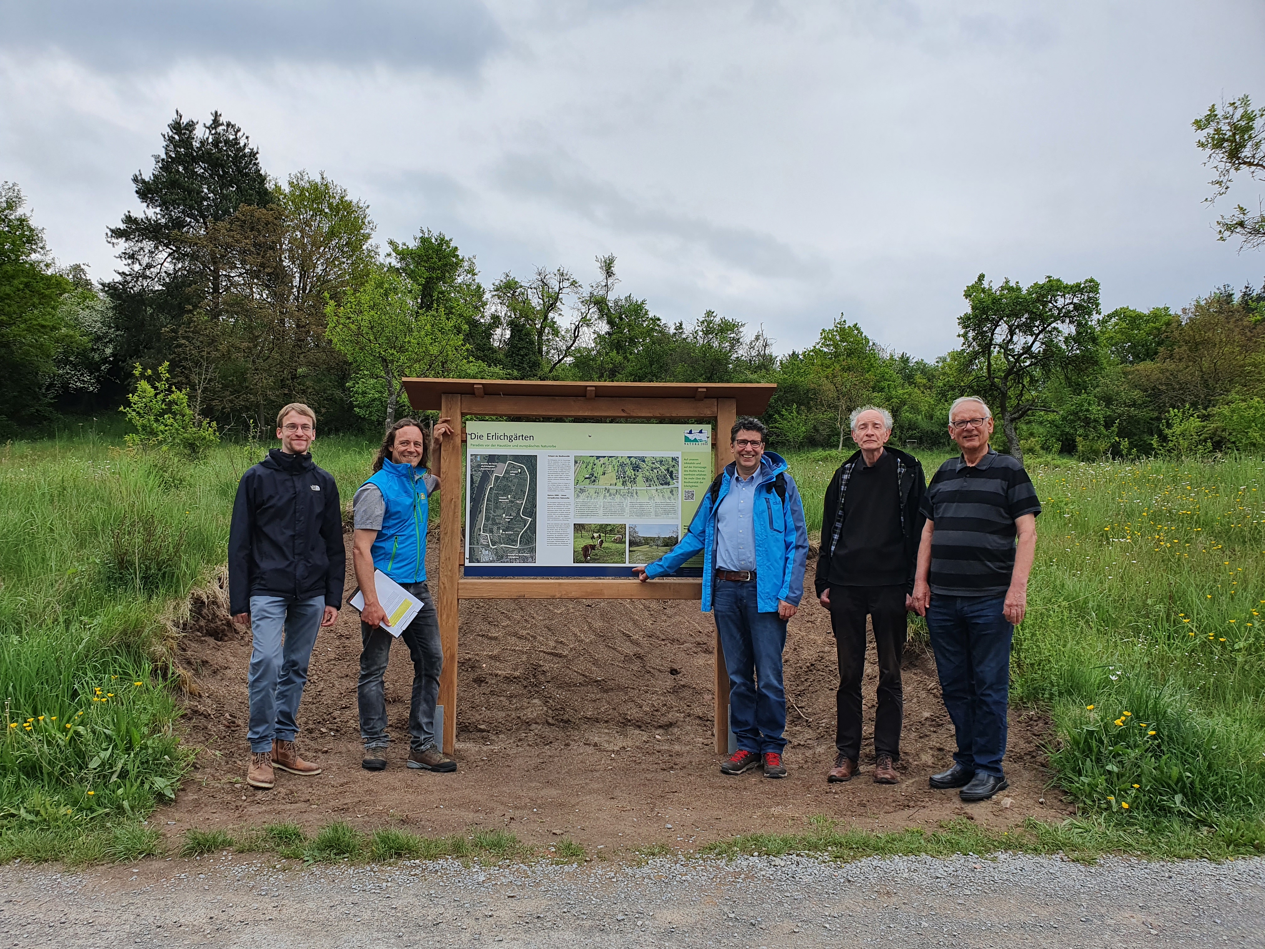 Vier große Infotafeln zeigen die Bedeutung der Erlichsgärten und die Artenvielfalt aus. Über die Aufstellung freuen sich (von links) Sebastian Vogel, Käferexperte vom LFU Biodiversitätszentrum Rhön; Christian Salomon, Biodiversitätsbeauftragter der Regierung von Unterfranken; Bürgermeister Klaus Thoma; Georg Wolpert, ehem. Vorsitzender Bund Naturschutz-Ortsgruppe; Peter Merkert, ehrenamtlicher ökologischer Gebietsbetreuer.